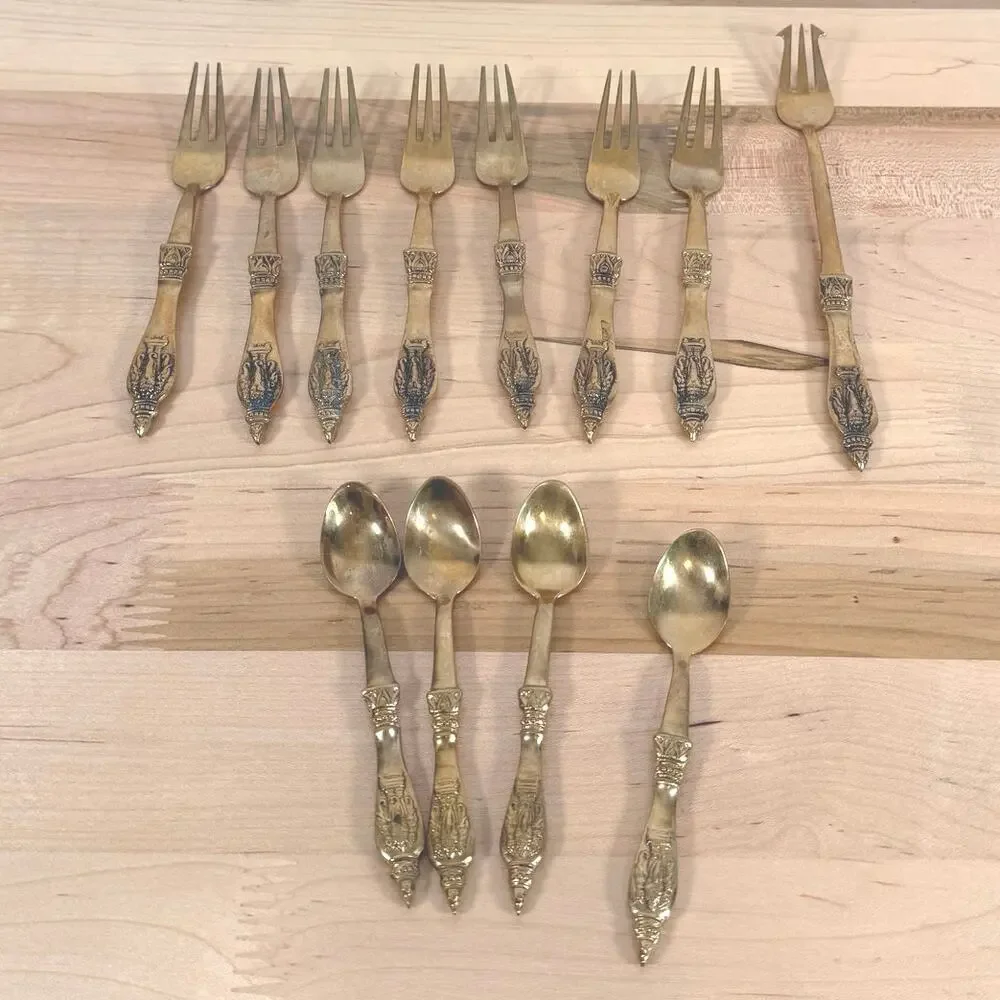 Vintage Airavata Erawan 3 Headed Elephant Flatware Set Thailand Siam Brass 12 Pc